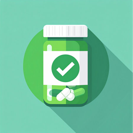 A flat design illustration of a green medicine bottle with a prominent checkmark, symbolizing approved, safe, and effective treatment. This icon represents quality assurance in healthcare, successful clinical trials, and trusted pharmaceutical products for patient wellness.の素材