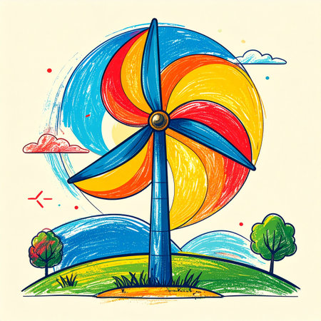 A whimsical, hand-drawn illustration captures the joy of sustainable living. A colorful wind turbine, resembling a vibrant pinwheel, stands on a green hill, symbolizing a bright, clean, and imaginative future powered by renewable energy. This artwork is perfect for concepts of innovation and playful eco-friendly solutions.の素材