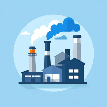 A flat design illustration depicts an industrial complex with smokestacks releasing plumes of smoke into the sky. This graphic represents concepts of manufacturing, energy production, and the environmental impact of heavy industry, suitable for discussions on pollution and economic development.の素材