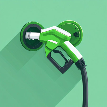 A modern, flat design illustration symbolizing the future of transportation. A green fuel pump nozzle is ready to dispense clean, sustainable energy, representing a commitment to environmental responsibility, innovation, and a carbon-neutral world.の素材