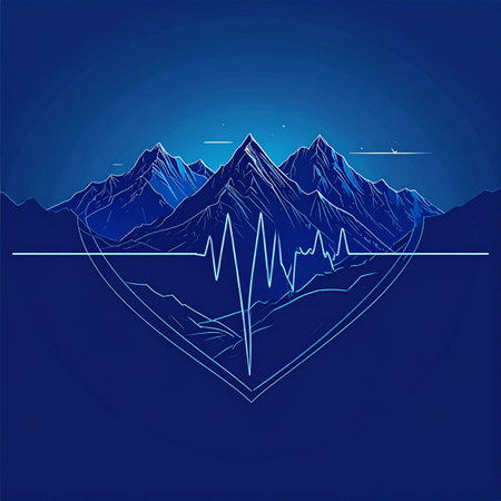 A glowing digital pulse line charts the vital energy of a majestic mountain range, captured within a geometric heart. This abstract illustration blends natures grandeur with modern technology, symbolizing the rhythm of the earth, data exploration, or the peak of an adventure.の素材
