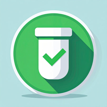 A clean, modern icon representing a successful outcome. The green checkmark on the container signifies positive results, approval, or passing a crucial health or quality control test, symbolizing assurance and wellness.の素材