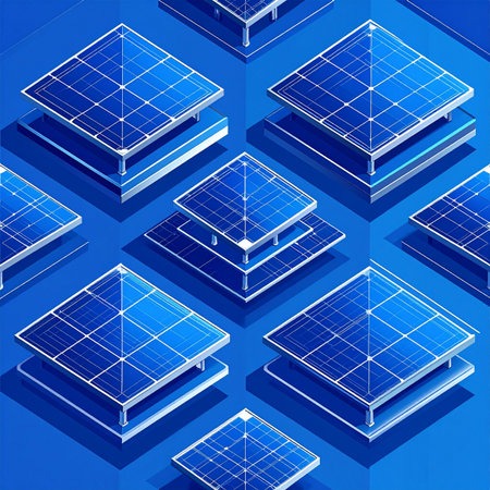An isometric 3D rendering showcases a perfectly organized grid of solar panels, symbolizing the future of clean, renewable energy. This modern illustration represents innovation, sustainability, and the technological infrastructure powering a green revolution.の素材