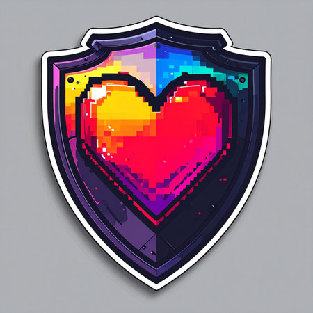 A vibrant pixelated heart glows at the center of a protective shield, symbolizing digital love, online safety, and the preciousness of life points in a retro video game. This emblem represents protection, health, and passion in a modern, tech-inspired world.の素材
