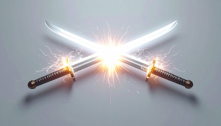 In a flash of brilliant light and fiery sparks, two legendary katanas meet. This dramatic clash captures a moment of intense conflict and power, symbolizing an epic duel between warriors where honor and strength are put to the ultimate test.の素材