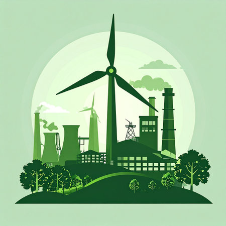 A vision of the future where traditional industry and renewable energy coexist in harmony. A large wind turbine stands as a symbol of progress, powering factories and cities with clean, sustainable electricity, paving the way for a greener planet.の素材