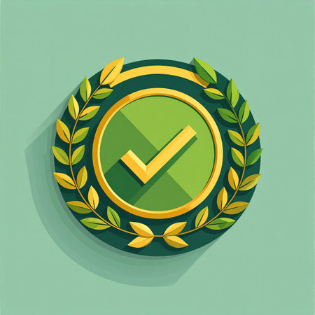 A symbol of excellence and achievement. This green and gold badge, featuring a prominent checkmark encircled by a laurel wreath, represents successful completion, quality assurance, and verified approval. The clean, modern design makes it perfect for illustrating concepts of success, guarantees, and certified standards.の素材