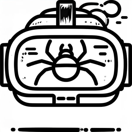 A line art icon illustrating the use of virtual reality for exposure therapy. A large spider is visible through the lens of a VR headset, symbolizing the confrontation of arachnophobia in a controlled, immersive digital environment. This concept merges technology with psychology to overcome fear.の素材