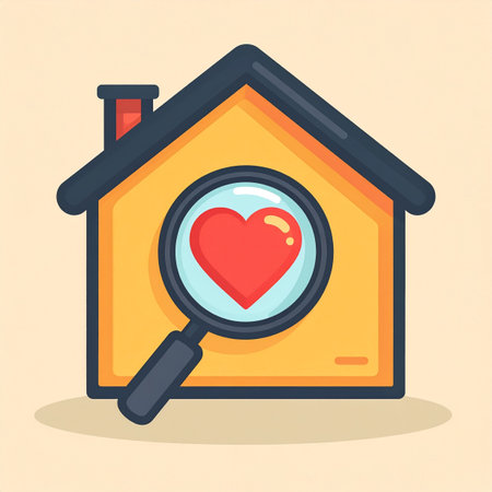 A cartoon illustration of a magnifying glass focusing on a heart within a house. This concept symbolizes the emotional journey of house hunting, finding a dream home, property inspection, and the love and security associated with a place to call your own.の素材
