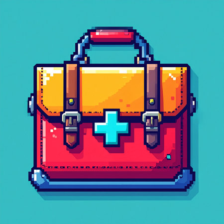 A classic pixel art health pack, ready to restore life and continue the adventure. This retro-style medical kit icon is perfect for video game interfaces, health-related apps, or nostalgic digital art projects.の素材