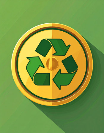 A modern, flat design icon featuring the universal recycling symbol in bold green on a gold coin-like circle. This graphic represents the value and importance of sustainability, environmental responsibility, and the growing circular economy in a clean, contemporary style.の素材