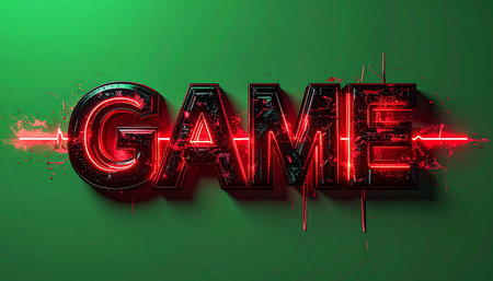 The word GAME glows with intense red neon energy, bursting with laser light against a dark green background. This high-tech typography evokes the thrilling world of esports, virtual reality, and futuristic digital competition, perfect for a title screen or promotional graphic.の素材