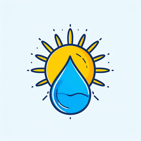A vibrant illustration symbolizing the essential balance between solar energy and water resources. This clean, modern icon represents concepts of ecology, sustainability, and the delicate harmony of the planets climate system.の素材