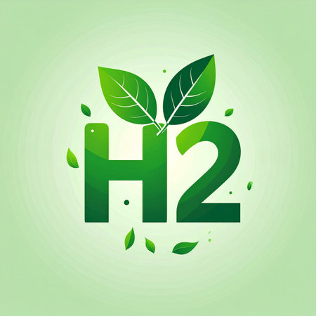An illustration symbolizing the future of clean energy. The H2 chemical formula for hydrogen is adorned with vibrant green leaves, representing a commitment to sustainable, renewable power and a carbon-neutral future. This concept art embodies innovation in green technology and the global goal of decarbonization.の素材