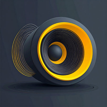 A 3D rendering of a modern audio speaker in bold yellow and black. Dynamic lines suggest powerful sound waves and deep bass vibrations, creating a sense of energy and high-fidelity audio performance. Perfect for concepts related to music, technology, and entertainment.の素材
