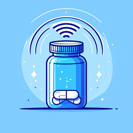 An illustration representing the future of healthcare, where a smart pill bottle uses wireless technology to track dosage and send reminders. This concept symbolizes innovation in digital health, telemedicine, and the Internet of Things IoT for improved medication adherence.の素材