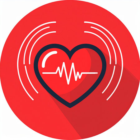 A vibrant flat design icon showing a heart with a clear electrocardiogram line, symbolizing lifes vital rhythm. Radiating lines suggest a strong, healthy pulse, making it a perfect visual for healthcare, cardiology, and wellness concepts.の素材