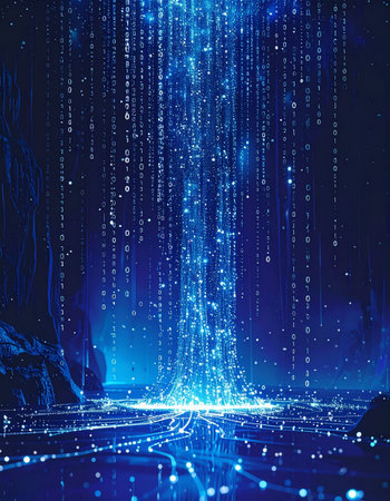 A torrent of glowing blue data cascades from a digital sky, pooling into a vast, interconnected network on the ground. This represents the constant, powerful flow of information in the modern world, forming the foundation of future technology and global communication.の素材