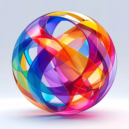 A dynamic sphere of vibrant, multi-colored glass ribbons intertwines in a complex yet harmonious structure. This abstract 3D rendering symbolizes concepts of global connectivity, innovation, and the synergy of diverse elements working together to create a unified whole.の素材