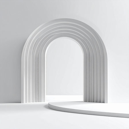 A pristine, white architectural scene featuring a ribbed archway and a smooth, curved podium. The soft, ambient lighting creates subtle shadows, highlighting the clean lines and geometric forms. This minimalist stage is perfect for showcasing luxury products, presenting innovative ideas, or as a serene, abstract background.の素材