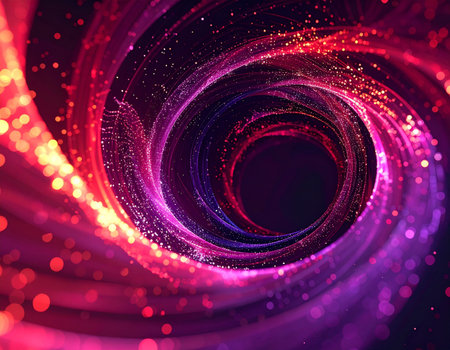 A vibrant vortex of magenta and gold light particles swirls into a mysterious central point, creating a dynamic sense of motion and energy. This abstract background represents concepts of digital data flow, cosmic travel through a wormhole, or a magical portal to another dimension.の素材
