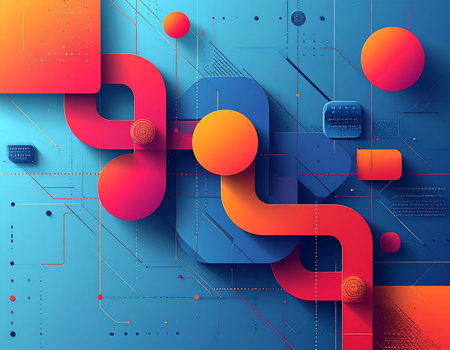 A dynamic flow of interconnected shapes and lines represents the seamless integration of data and technology. This vibrant, layered composition evokes a sense of modern innovation, progress, and organized complexity, perfect for illustrating concepts of networking and digital systems.の素材