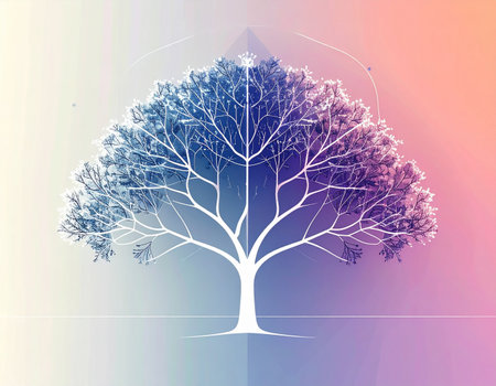 A stylized Tree of Life stands as a symbol of growth and connection, its intricate white branches spreading like a neural network against a soft, ethereal gradient background. This modern illustration represents concepts of wisdom, natures data, and the interconnectedness of all things, evoking a sense of harmony and spiritual balance.の素材