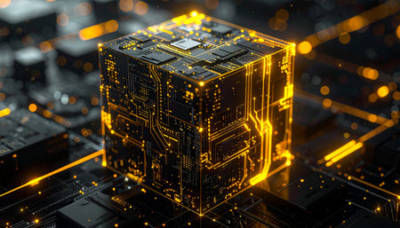 At the heart of a next-generation supercomputer, a powerful quantum processor hums with activity. Golden light pulses through its intricate circuits, representing the vast flow of data and the birth of a new artificial intelligence, processing information at the speed of thought.の素材