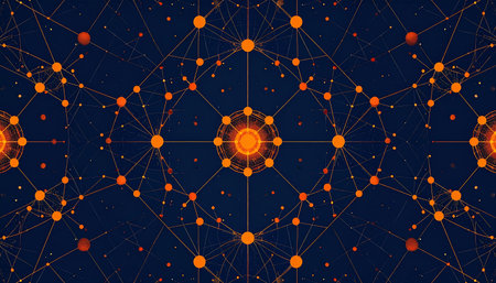 A vibrant digital web of interconnected nodes glows with orange energy against a deep blue void. This intricate grid represents the complex flow of data, communication, and innovation in a futuristic technological landscape, symbolizing concepts like artificial intelligence, global networks, and the future of information.の素材