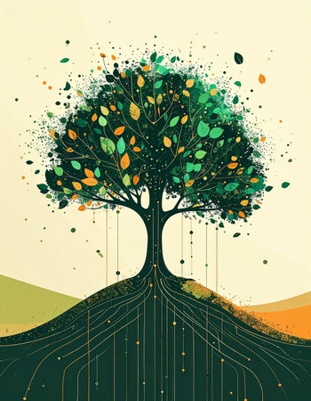 An artistic representation of a vibrant tree where nature meets technology. Its deep, circuit-like roots draw data from the earth, fueling an explosion of colorful leaves and ideas. This image symbolizes the fusion of organic growth and digital innovation, representing concepts like data ecosystems, sustainable tech, and the tree of knowledge in the modern age.の素材