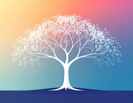 A striking white tree stands as a symbol of life and wisdom against a beautifully blended gradient of warm and cool colors. Its intricate branches and deep roots represent growth, connection, and serene stability, making it an ideal visual for concepts of peace, spirituality, and new beginnings.の素材