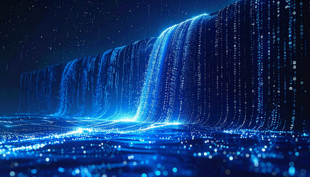 A cascading waterfall of luminous blue data streams pours into a vast digital ocean, symbolizing the immense and constant flow of information in the modern world. This abstract landscape represents concepts of big data, connectivity, and the powerful undercurrents of the digital age.の素材
