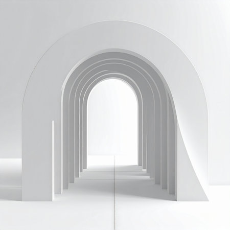 A clean, minimalist hallway of repeating white arches creates a powerful sense of perspective, leading the eye towards a bright, hopeful light. This abstract architectural space evokes feelings of serenity, progress, and infinite possibility, perfect for concepts of future, clarity, and new beginnings.の素材