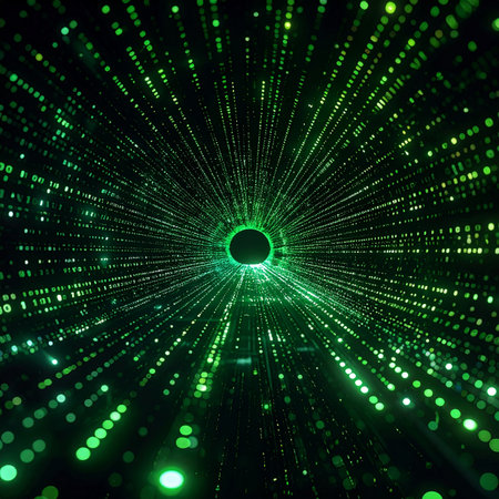 A mesmerizing journey through a high-speed digital wormhole, where streams of green data and light particles converge towards a central point. This abstract background represents concepts of big data, information transfer, and the infinite possibilities of future technology and cyberspace.の素材
