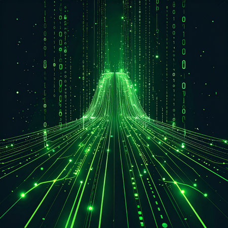 Streams of glowing green binary code converge and accelerate into a digital horizon, representing the immense and rapid flow of information in the modern era. This abstract visualization captures the concepts of big data, high-speed networks, and the complex infrastructure of cyberspace.の素材