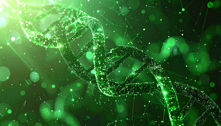 A luminous green DNA helix spirals through a digital cosmos, its structure composed of glowing particles of data. This visualization represents a breakthrough in genetic research, symbolizing the intersection of biology and advanced technology, and the future of personalized medicine and scientific discovery.の素材