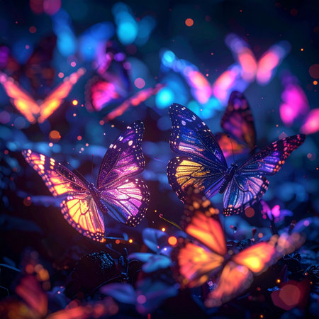 In the heart of an enchanted forest, a magical flutter of butterflies illuminates the night. Their wings, painted with vibrant neon and bioluminescent light, create a breathtaking spectacle of color and wonder, transforming the darkness into a dreamlike scene of ethereal beauty.の素材