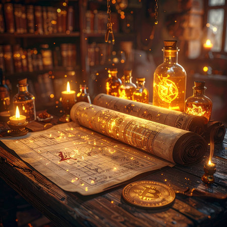 In a hidden study filled with ancient tomes and bubbling potions, a magical scroll unfurls on a wooden desk. Its glowing runes reveal a long-lost secret, a map to a forgotten treasure or a powerful alchemical formula, illuminated by candlelight and the promise of discovery.の素材