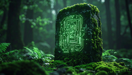 In the heart of an ancient, moss-covered forest, a mysterious stone monolith hums with an inner light. Its surface reveals a complex, glowing green circuit board, a powerful relic of a forgotten era where nature and advanced technology were one. This surreal fusion evokes themes of discovery, hidden knowledge, and the harmony between the digital and the organic.の素材