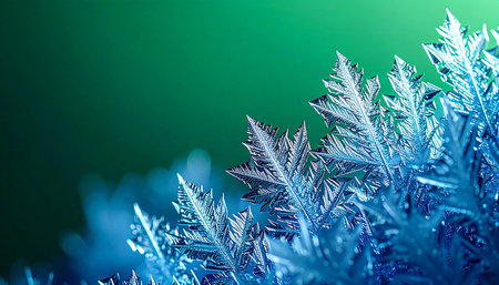 A stunning macro view captures the delicate and intricate patterns of frost crystals as they form. Bathed in a cool blue light, they stand out against a mysterious, glowing green background, evoking the magic of a winters night or the beauty of a microscopic world.の素材