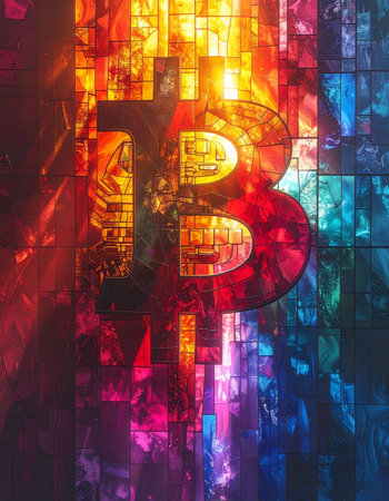 A vibrant, artistic representation of the Bitcoin symbol, depicted as a luminous stained glass window. This image captures the intersection of modern finance and timeless art, symbolizing the value, complexity, and quasi-religious fervor surrounding cryptocurrency and blockchain technology.の素材