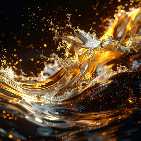 A dynamic and elegant wave of golden liquid splashes against a dark background. This luxurious, abstract image captures the energy and motion of a precious fluid, perfect for concepts of wealth, celebration, and premium quality.の素材