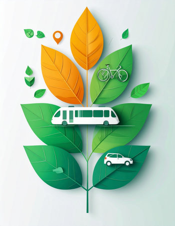 A creative papercraft illustration showcasing sustainable transportation choices. A bus, car, and bicycle rest on green leaves, symbolizing a commitment to eco-friendly urban planning, clean energy, and a healthier planet.の素材