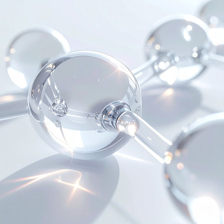 A detailed macro shot captures the intricate structure of a glass molecule, shimmering under bright, clean light. The crystal-clear spheres and connecting rods symbolize scientific discovery, purity, and the foundational elements of biotechnology and cosmetic research. This image represents innovation, clarity, and the future of science.の素材
