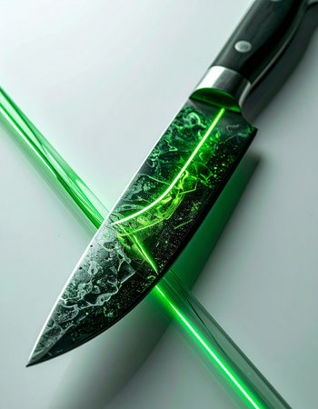 A fusion of ancient forging techniques and futuristic technology. This high-tech blade hums with a vibrant green energy, a perfect tool for a cyberpunk chef or a sci-fi warrior. The neon glow illuminates its razor-sharp edge, symbolizing power, precision, and innovation.の素材