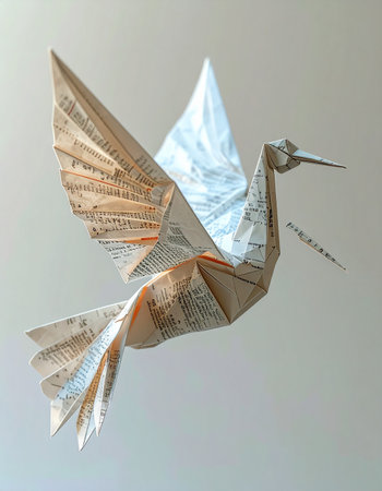An intricate origami hummingbird, skillfully folded from the pages of a newspaper, is captured mid-flight. This piece of paper art symbolizes the transformation of everyday information into a delicate and beautiful form, representing creativity, freedom, and the lightness of a fleeting message.の素材