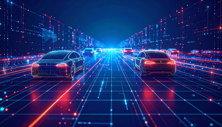 In a hyper-connected metropolis of the future, a fleet of autonomous electric vehicles glides seamlessly along a superhighway of light. Streams of data flow around them, representing the constant communication and artificial intelligence that guides their path, showcasing a new era of safe, efficient, and intelligent urban mobility.の素材