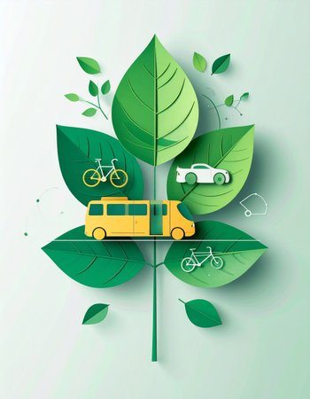 A conceptual illustration showcasing the future of sustainable mobility. Various eco-friendly transport options, including a public bus, an electric car, and bicycles, are delicately balanced on the leaves of a vibrant green plant, symbolizing a harmonious integration of technology and nature for a cleaner planet.の素材