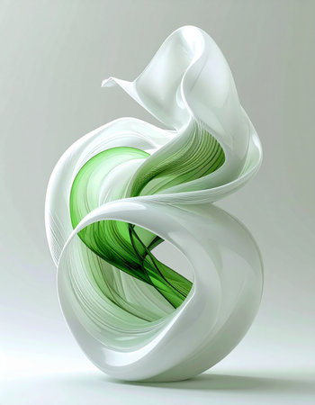 A stunning piece of modern art glass captures a moment of fluid motion. Swirls of vibrant green are encased within elegant white forms, creating a dynamic and organic sculpture that evokes a sense of growth and serenity.の素材