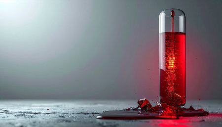 In a sterile lab setting, a vial containing a vibrant, glowing red liquid has tipped over, its contents pooling on the floor. The image captures a moment of suspense and mystery, hinting at a scientific breakthrough or a dangerous contamination.の素材